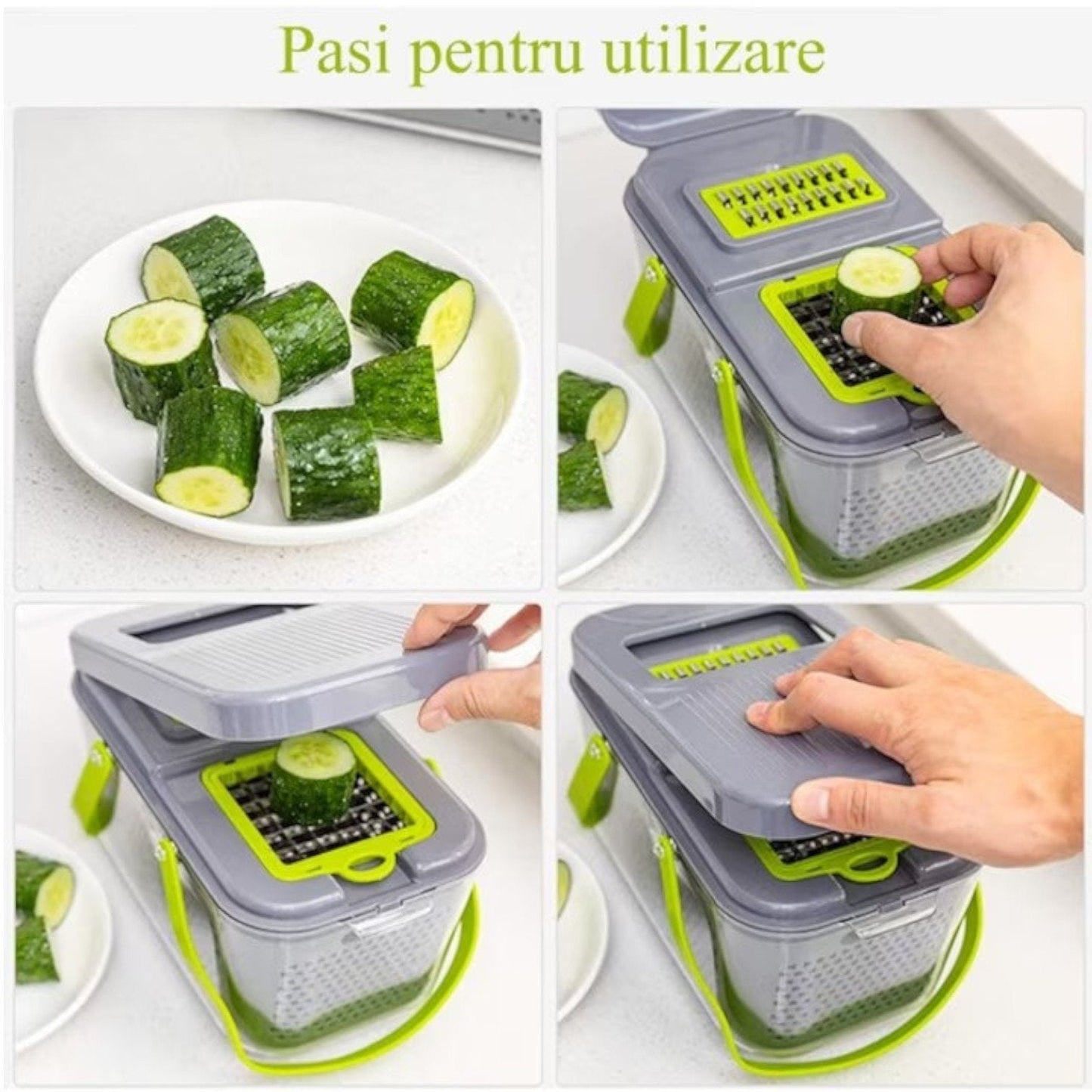 Răzătoare Multifuncțională 20 Piese - Pentru Legume și Fructe, Funcție de Caserolă, Lame din Oțel Inoxidabil, Mâner Protecție, Verde, Materiale Durabile, Non-Toxice