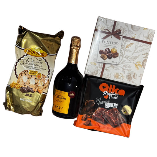 Cos Cadou cu Cozonac Boromir Pricomigdala, Vin Cuvee de Purcari, Praline Fontessa și Brownie Alka - Cadou de Paște Perfect