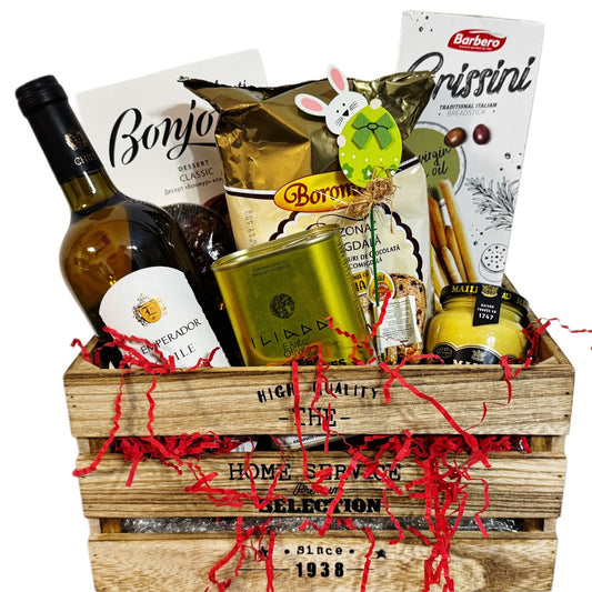 Coș Cadou Paște Fericit - Delicii Gourmet cu Cozonac, Vin Chardonnay și Praline Belgiene