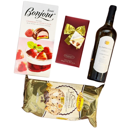 Coș Cadou de Paște - Delicii Gourmet cu Cozonac, Vin Chardonnay și Praline Belgiene